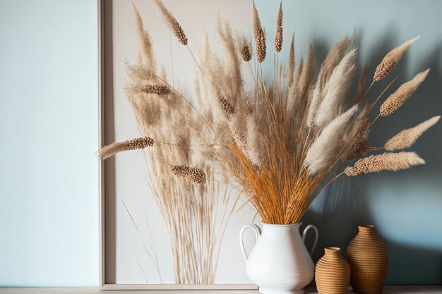 Phragmites australis pretty dried up common reed autumn pampas soft plant grass intdoor light pastel colors boho style Panicles interior decor white wall sun light blue shadow decorative bouquet vase