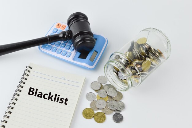 Phrase BLACKLIST written on notebook with judge gavel calculator and coins