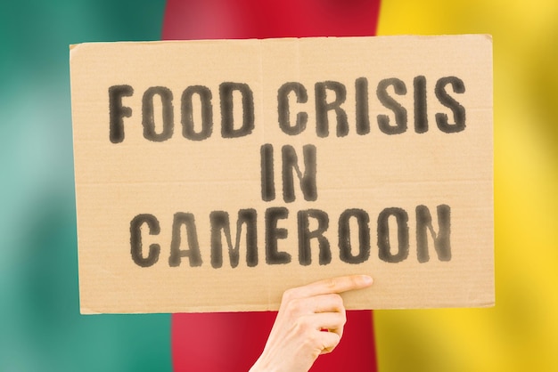 The phrase food crisis in cameroon is on a banner in men\'s\
hands with a blurred cameroonian flag in the background crisis\
finance life nutrition bread disaster collapse social issue