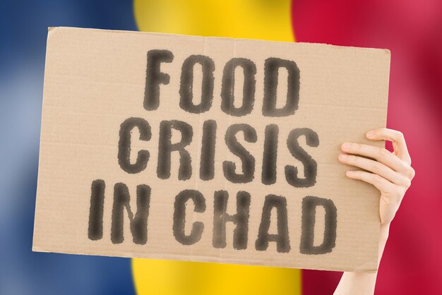 The phrase food crisis in chad is on a banner in men\'s hands\
with a blurred chadian flag in the background crisis finance life\
nutrition bread disaster collapse social issue problem