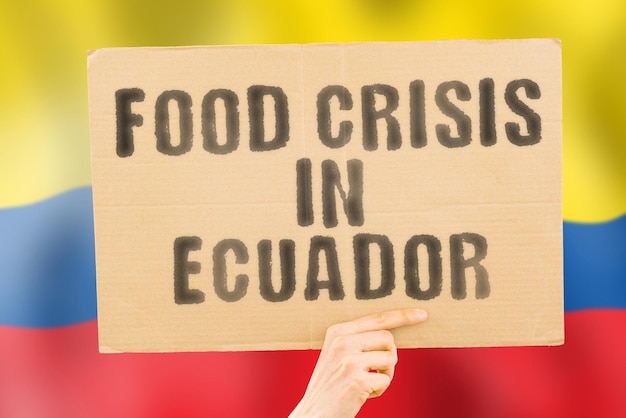 The phrase food crisis in ecuador is on a banner in men\'s hands\
with a blurred ecuadorian flag in the background crisis finance\
life nutrition bread disaster collapse social issue