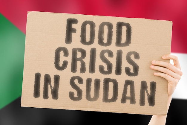 The phrase Food crisis in Sudan is on a banner in men's hands with a blurred Sudani flag in the background Crisis Finance Life Nutrition Bread Disaster Collapse Social issue Problem