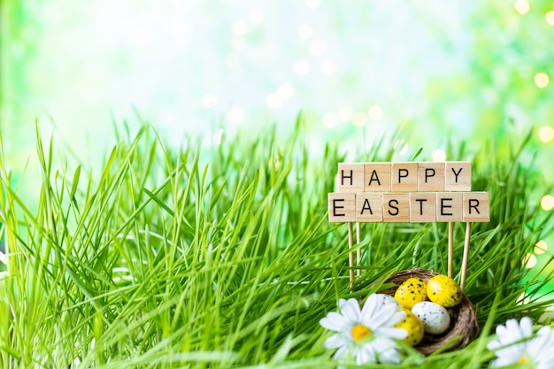 Phrase Happy Easter made of letters, green grass, Easter eggs.