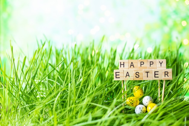 Phrase Happy Easter made of letters, green grass, Easter eggs.