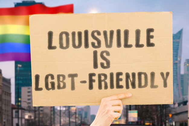 The phrase  Louisville is LGBTFriendly  on a banner in mens hand with blurred LGBT flag