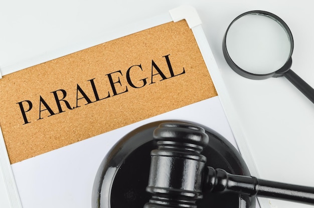 Phrase PARALEGAL written on brown board with judge gavel and magnifying glass