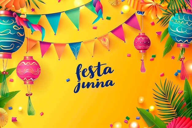 phrase quotfesta juninaquot Festa Junina Illustratie met partijvlaggen en papieren lantaarn op gele achtergrond Vector Brazilië Juni Festival Design
