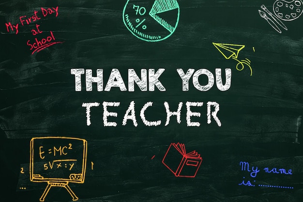 Photo phrase thank you teacher and different pictures drawn on green chalkboard