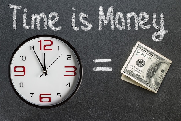 Photo the phrase time is money written on a blackboard with a clock and dollar bill