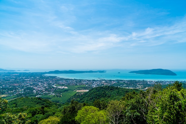 Phuket city skyline with sea beach 