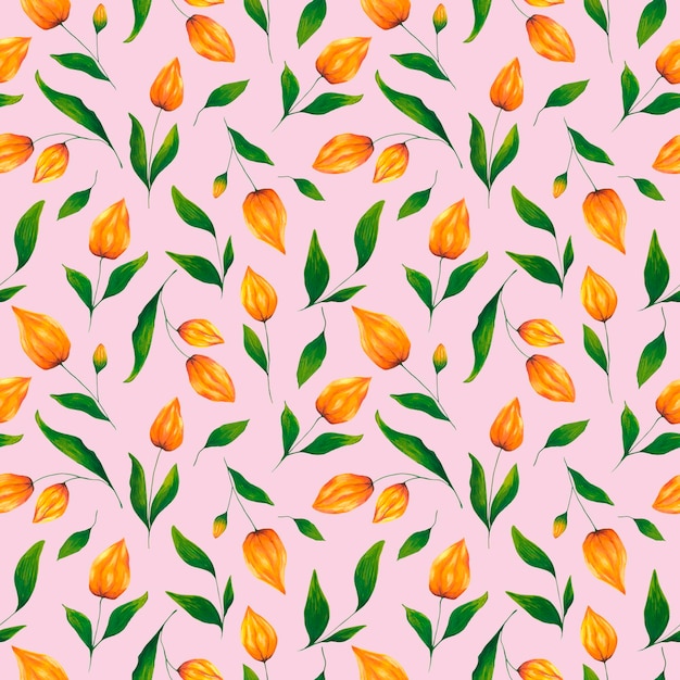 Physalis floral seamless pattern. Gouache botanical repeat print with orange autumn winter flowers