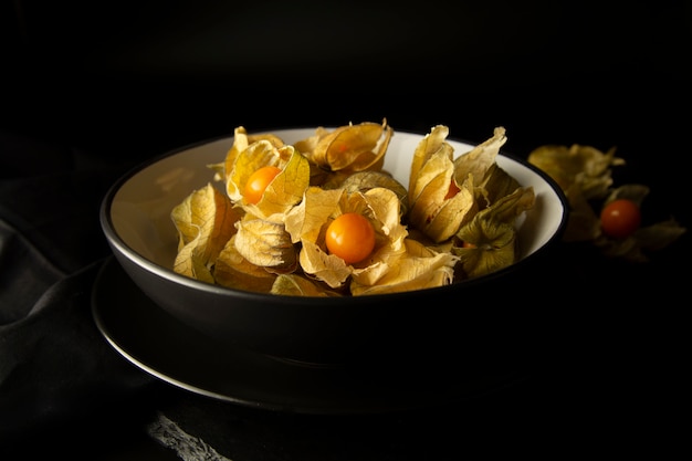 Physalis flowers or fruits on a black background. 