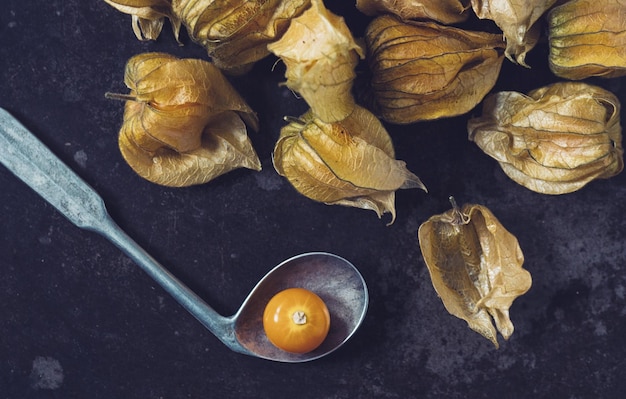 어두운 배경에 숟가락이 있는 Physalis 과일 Physalis Peruviana