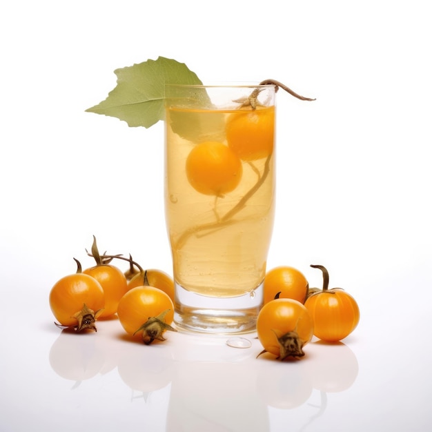 Physalis juice with splashes with ground cherry fruit in isolated white background studio shot