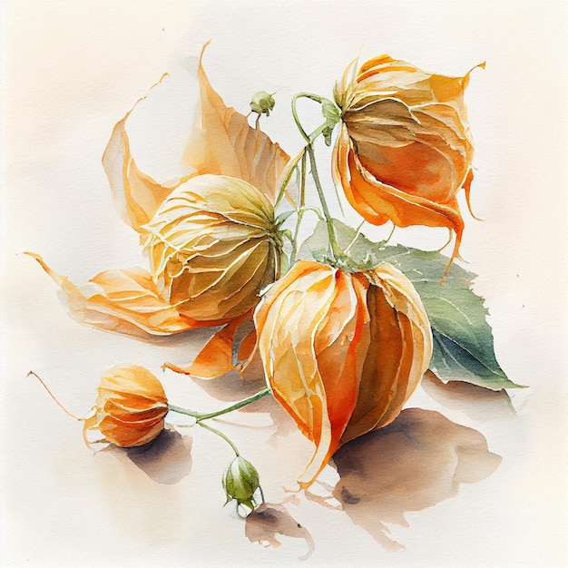 Physalis.Watercolor op witte papieren achtergrond. Al het fruit.