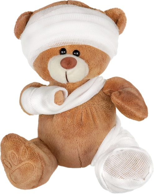 Physical Injured Teddy Bear isolated on white