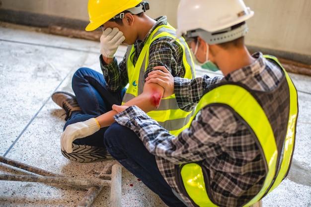 Photo physical injury at work of construction worker. injury bleeding from work accident in pile of scaffolding steel falling down to impinge the arm.