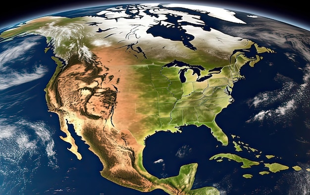 Foto mappa fisica dell'america del nord, degli stati uniti, del canada e del messico con dettagli ad alta risoluzione.