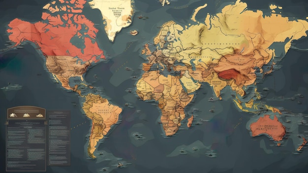 Physical map of the World with high resolution details and land borders Flattened satellite view of Planet Earth its geography and topography