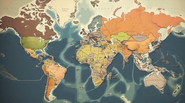 Physical map of the World with high resolution details and land borders Flattened satellite view of Planet Earth its geography and topography