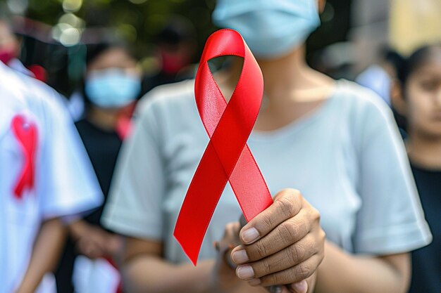 Foto medico che sostiene la consapevolezza dell'hiv e dell'epatite con il nastro rosso