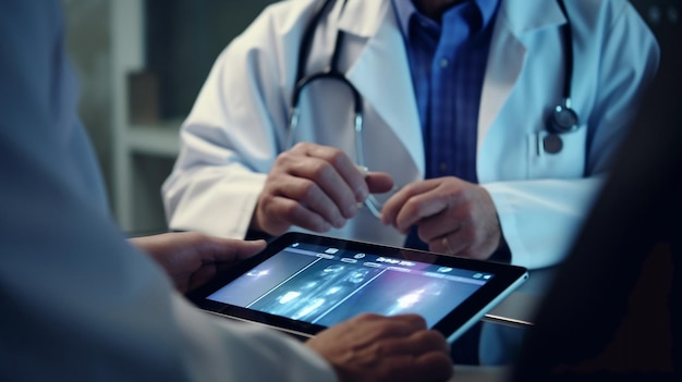 A physician uses a tablet to show a patient his medical analysis