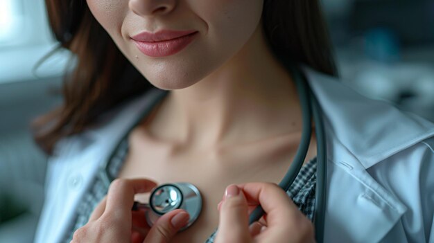 Photo physician using stethoscope to examine patient