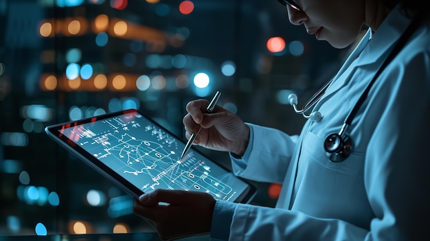 Foto un medico che indossa un camice bianco tiene in mano un tablet generative ai