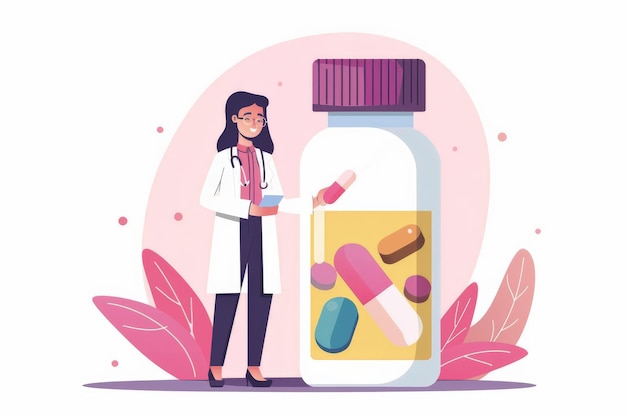 Physician with medication illustration Pharmaceutical care and medical treatment concept