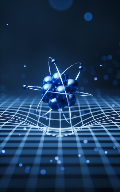 Physics atom with dark blue background 3d rendering