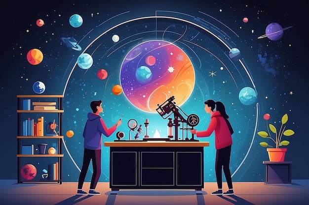 a physics lab with students experimenting with principles of astrophysics and spacetime vector illustration in flat style