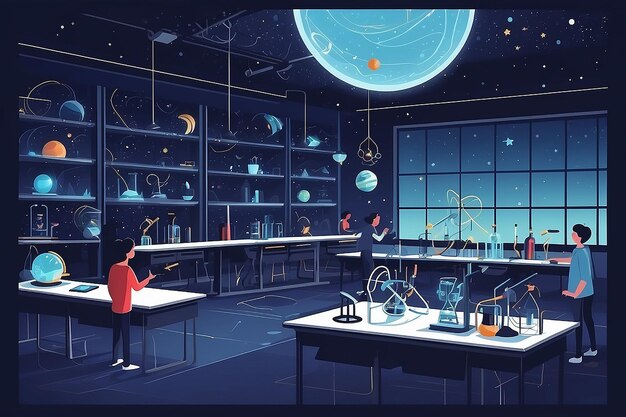 Photo a physics lab with students experimenting with principles of astrophysics and spacetime vector illustration in flat style