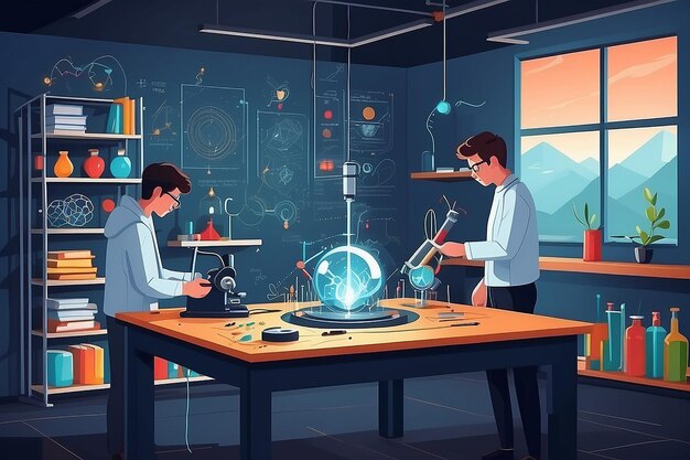 a physics lab with students experimenting with the principles of magnetism and electromagnetism vector illustration in flat style