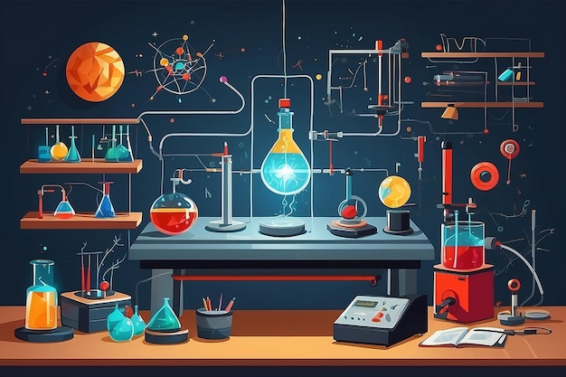 a physics lab with students experimenting with the principles of magnetism and electromagnetism vector illustration in flat style