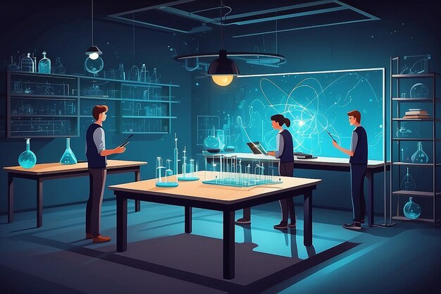 a physics lab with students experimenting with principles of quantum entanglement vector illustration in flat style