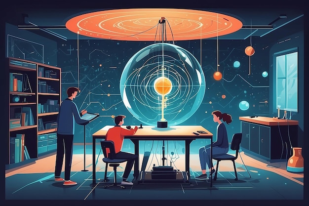 a physics lab with students experimenting with principles of quantum entanglement vector illustration in flat style