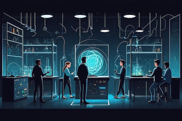 a physics lab with students experimenting with principles of quantum entanglement vector illustration in flat style