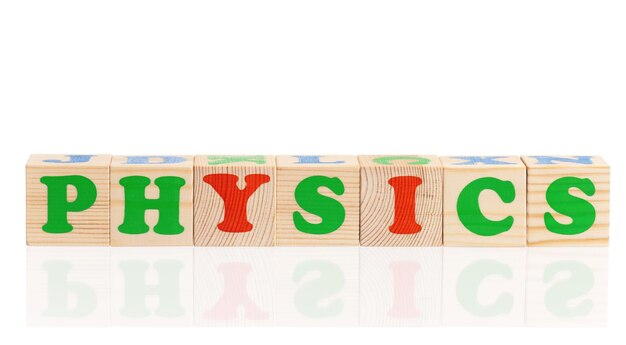 Physics word formed by colorful wooden alphabet blocks isolated on white background