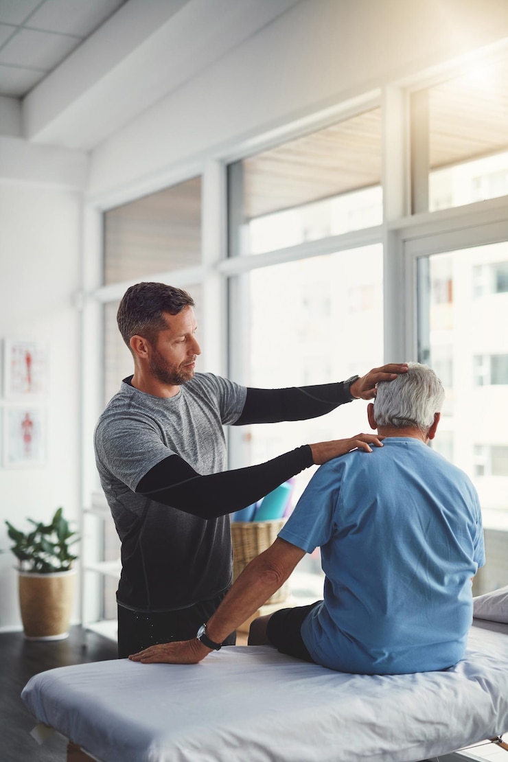 Foto physio nek en senior man met rehabilitatie gesprek en gezondheidszorg controle in de kliniek consultatie klant en zorg met fysiotherapie wellness en letsel ondersteuning met chiropractor