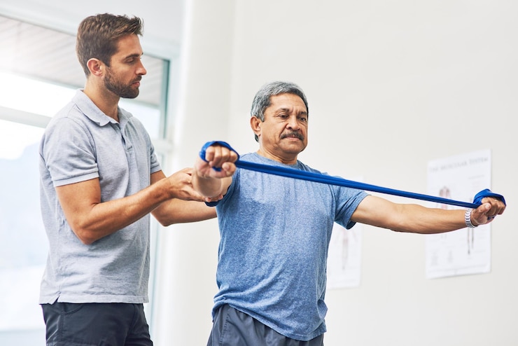 Photo physiotherapist elderly man and exercise band for stretching strong muscle and wellness pensioner male person and fitness for activity rehabilitation clinic or hospital as medic in senior care