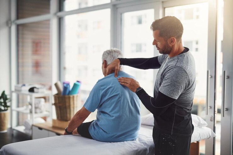 Photo physiotherapy shoulder pain and person with senior man for medical care consulting and wellness chiropractor healthcare and physical therapist and client for rehabilitation massage or assessment