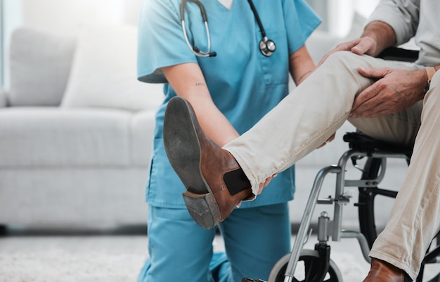 physiotherapy woman senior man and wheelchair for legs rehabilitation recovery or nursing home care physiotherapist expert helping hand and elderly patient for injury disability and hurt muscle