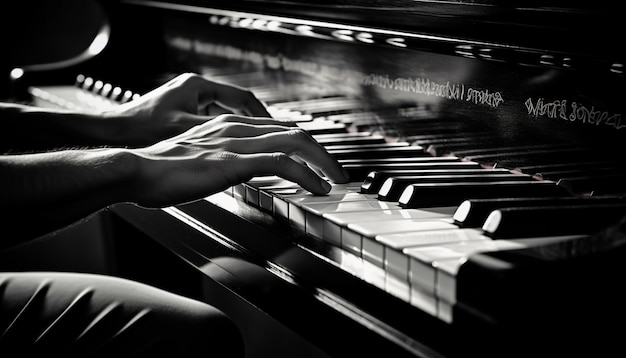 pianist hand skillfully plays black and white chords generated by ai