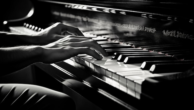 Pianist hand skillfully plays black and white chords generated by AI