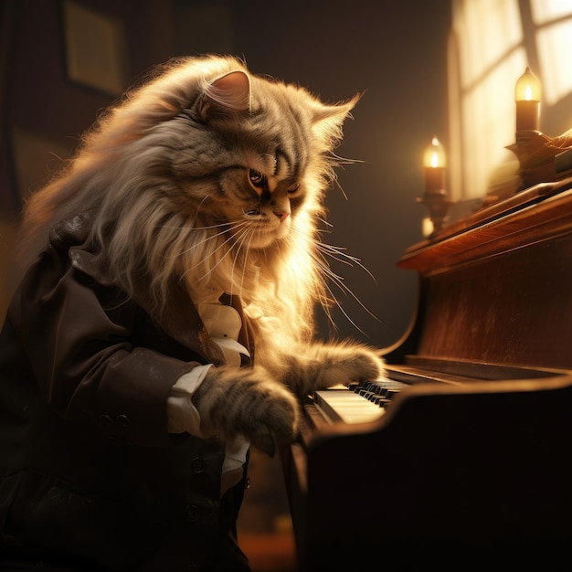 Pianist sweet cat plays the piano