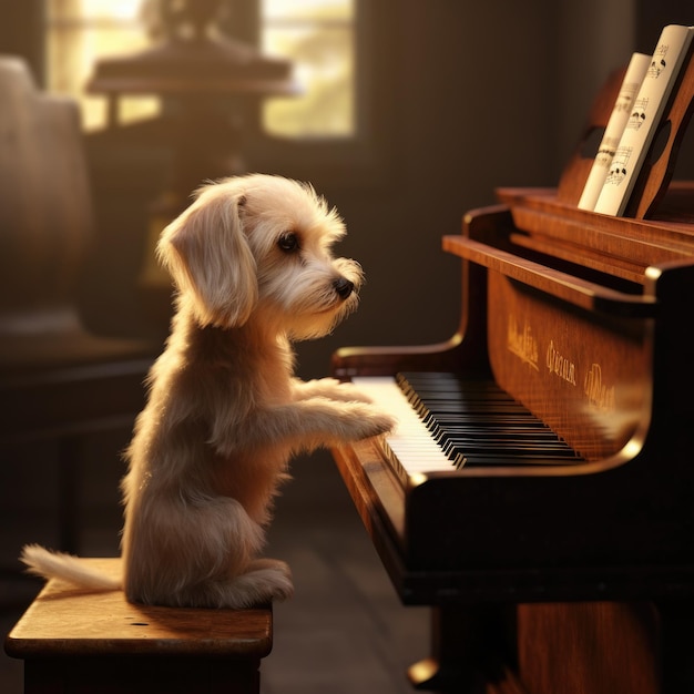 Pianist sweet dog plays the piano