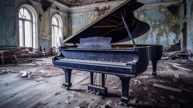 A piano in an abandoned building with the word piano on the front.
