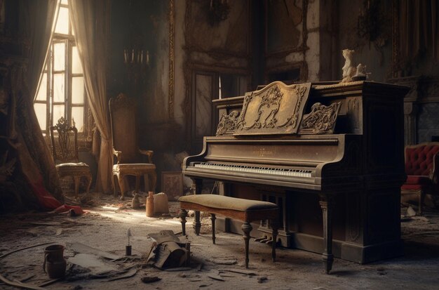 A piano in an abandoned room with a broken window