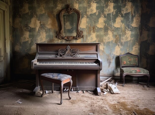 A piano in an abandoned room with a chair and a mirror.