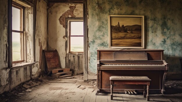 A piano in an abandoned room with a painting on the wall